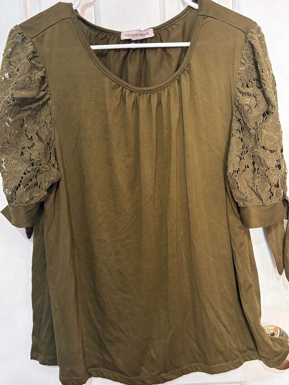 Carolyn Taylor Olive Green Lace Sleeve Tie Detail Top XL
